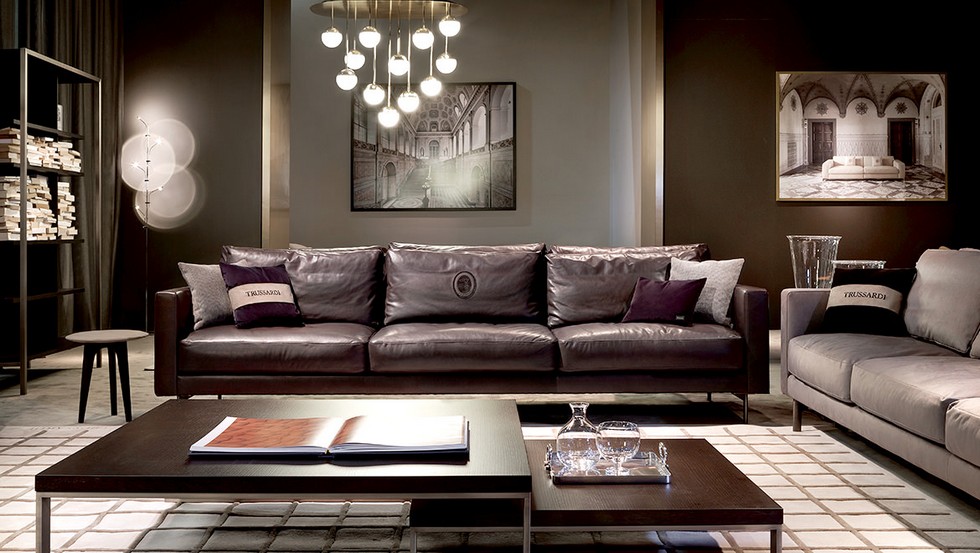 Trussardi at international furniture shows Duse4 4 sofa with Tecno coffee tables