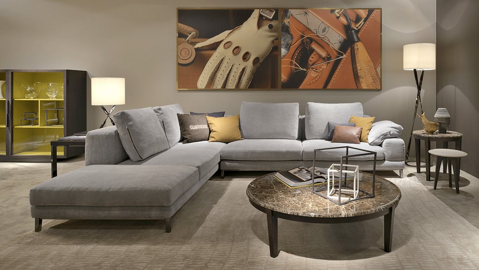 Trussardi at international furniture shows MOSCOVA sectional sofa coffee table and SPIGA lamps