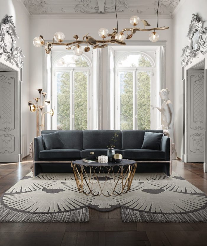 An exquisite living room idea with the Versailles Sofa and the Aquarius Center Table by Boca do Lobo.