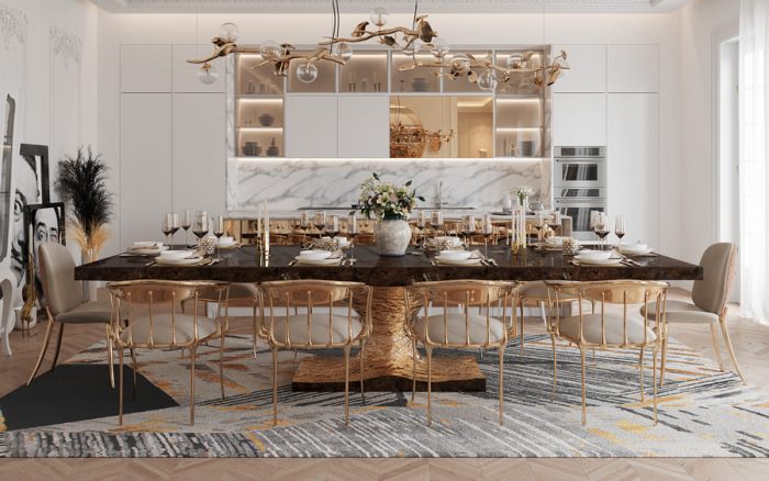 With a strong presence of gold color, this luxury dining room looks absolutely exquisite. The Metamorphosis Dining Table combines perfectly with the Nº 11 Dining Chairs. To more coziness, we can find the Xisto Rug by Rug'Society and the Hera Suspension Lamp by Boca do Lobo.