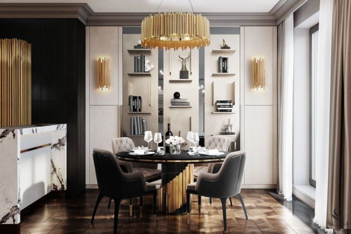 An exquisite and warm dining room with the most exquisite pieces by Luxxu! The Littus Dining Table in black and gold gives the luxury that the space deserves and combines really well with the modern Charla King Dining Chair!