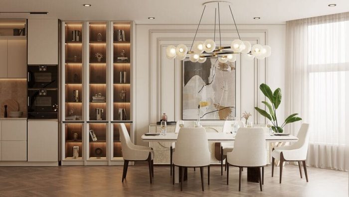 A modern luxury dining room in light tones with the Moka Dining Table by Caffe Latte.