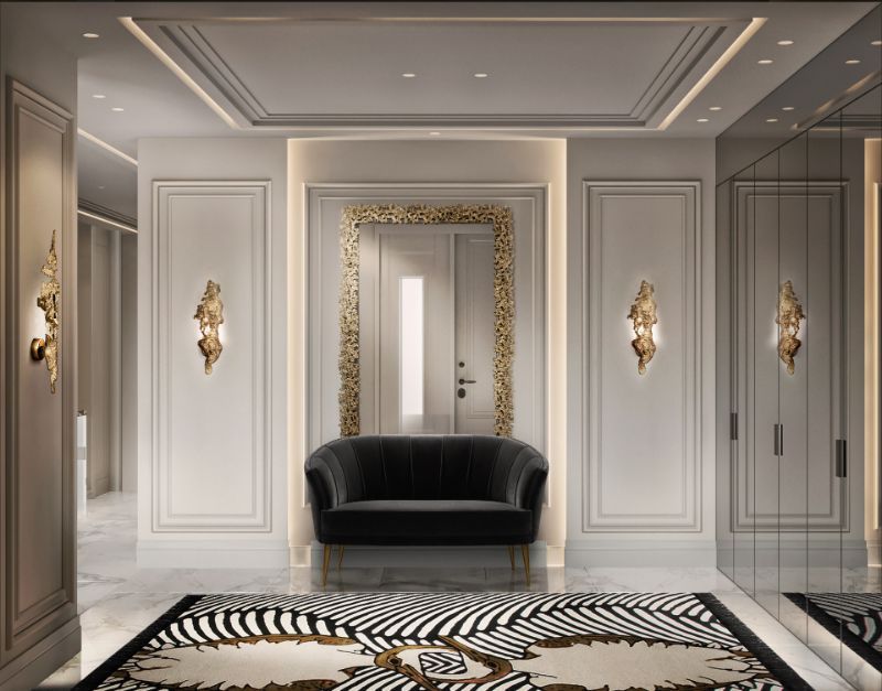 modern classic hallway with golden sconces