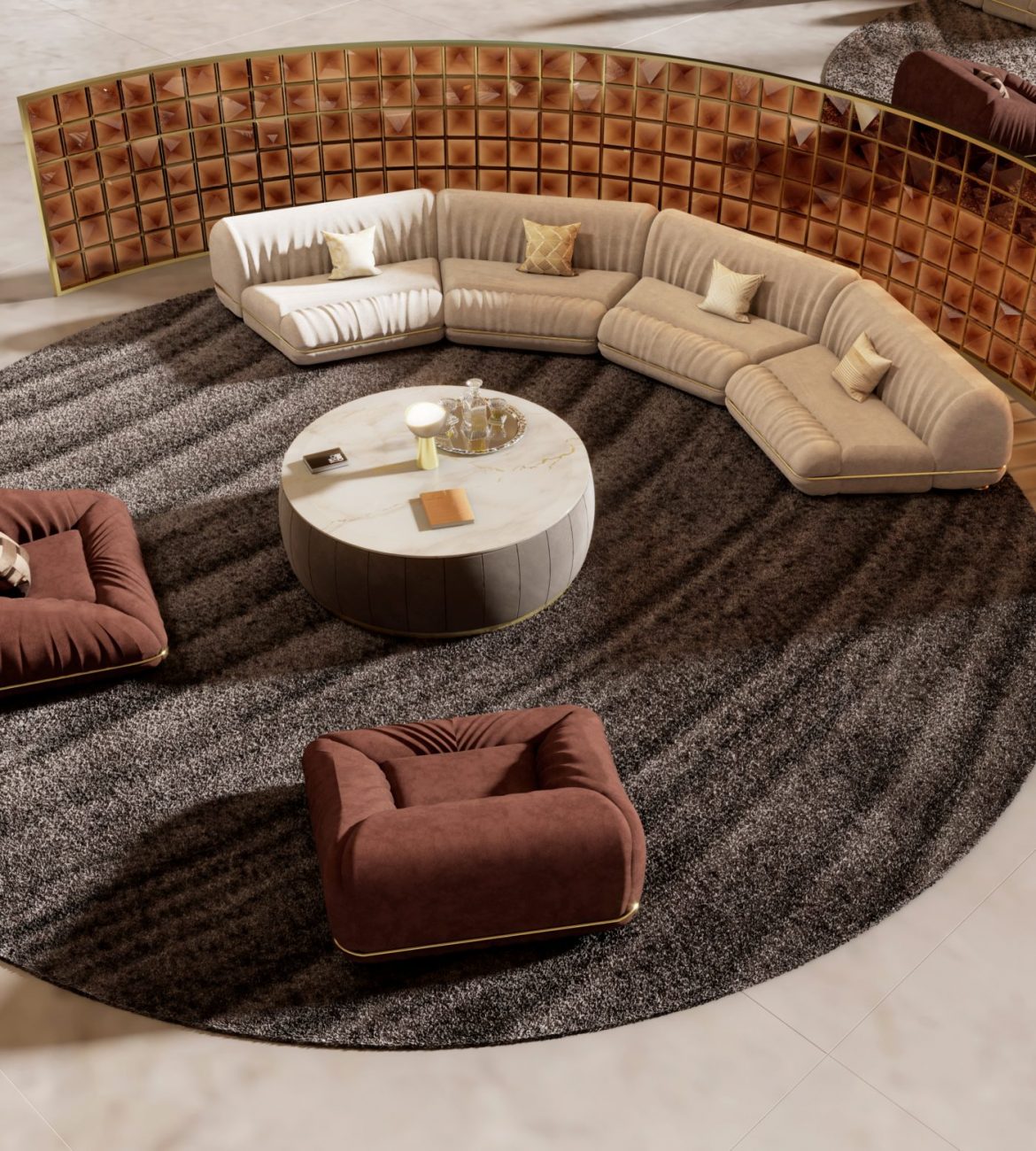 Dance floor lounge with white curved sofa