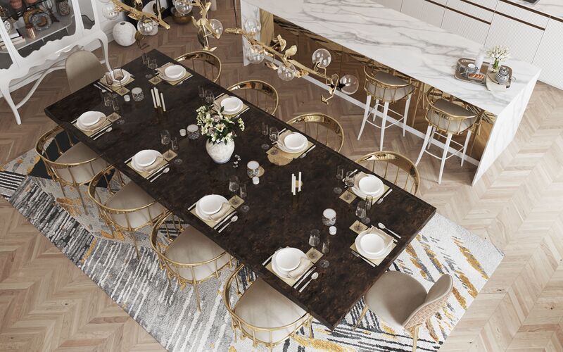 dining room with a brown marble table