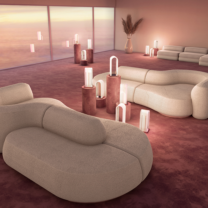 pink toned living room with white sofa