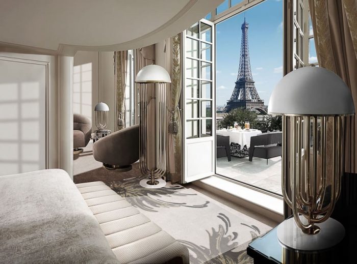 Stunning living room inspiration with an incredible view over Paris! The Turner Floor Lamp by DelightFull is inspired by Tina Turner’s electrifying dance moves. Ideal for any hotel design project, this art deco floor lamp will fit perfectly in a modern lobby entrance or next to a mid-century lounge chair.