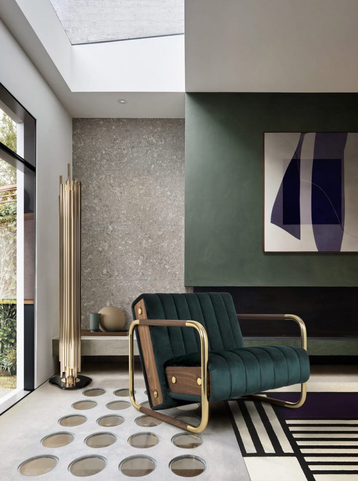 Mid-century pieces like the Minelli Armchair by Essential Home and the Brubeck Floor Lamp by DelightFull can give a unique touch to any living room idea!