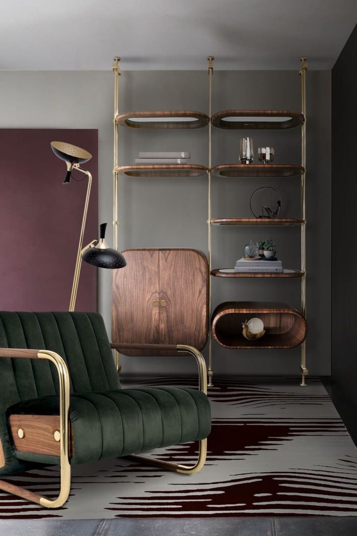 Perfect bookcase inspiration with a mid-century design! The Minelli Bookcase by Essential Home is a furniture piece that definitely calls attention in the best way, providing elegance and space with its walnut wood and smoked glass shelves, as well as a whole structure with built-in polished brass.